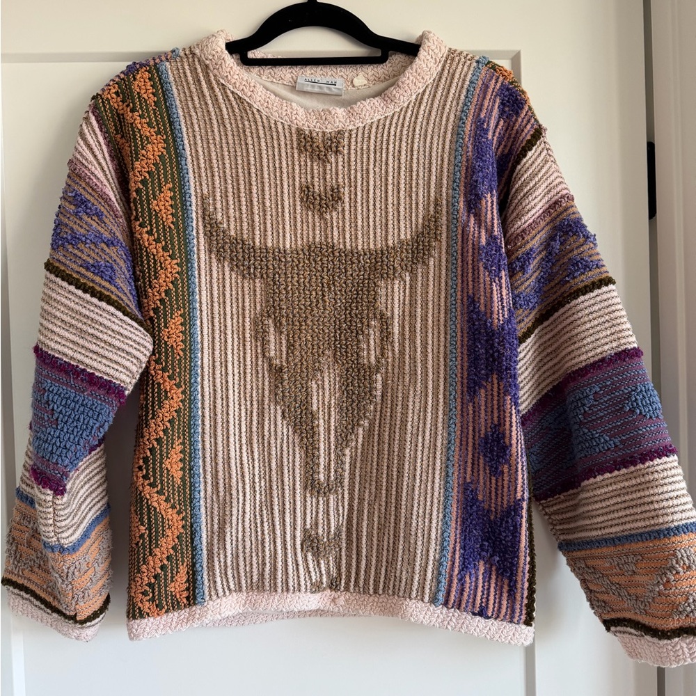Vintage 1990s cow skull needlework sweater designed by Allen Wah